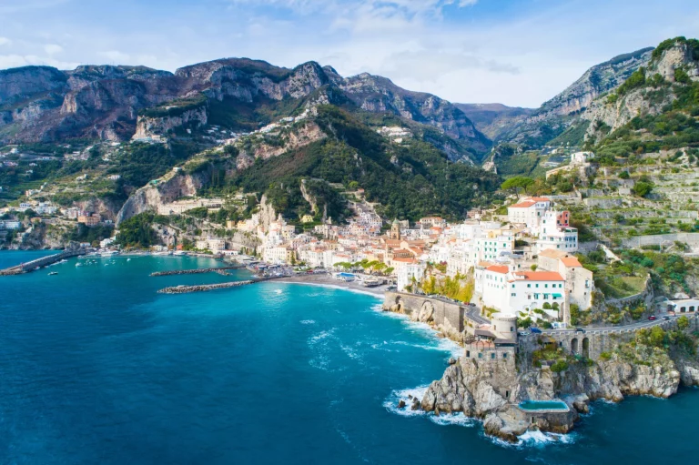 aerial view to lagoon of Amalfi coast in Italy