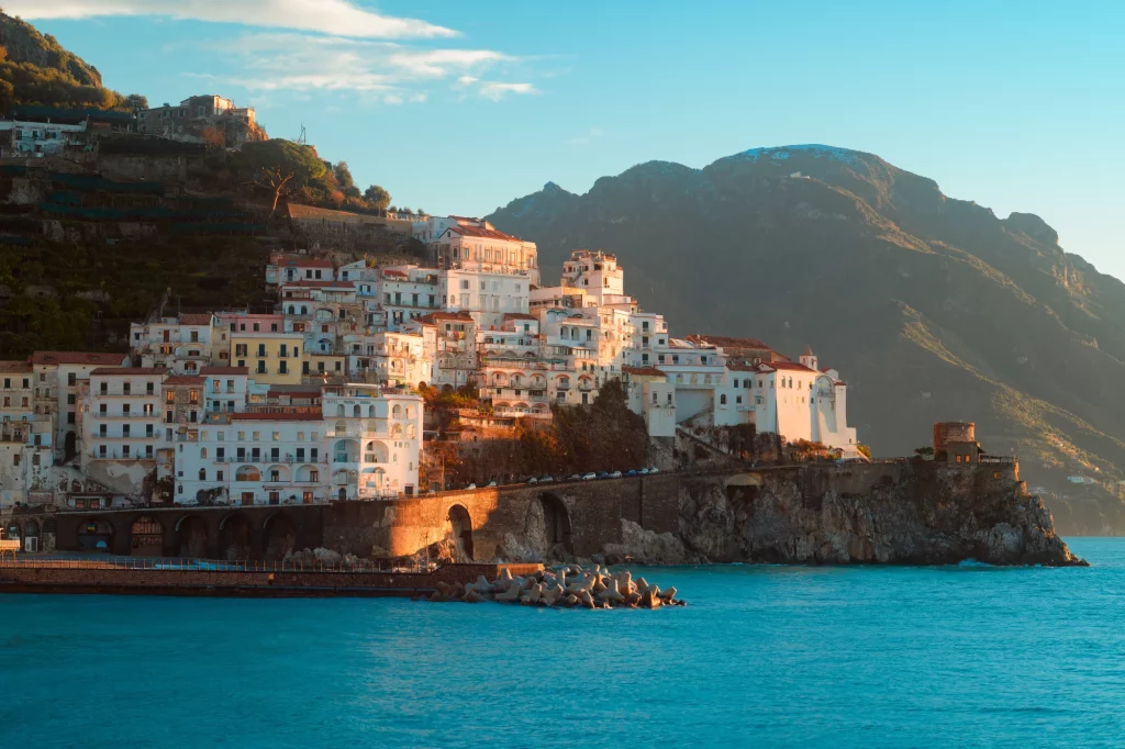 view of amalfi, amalfi coast, amalfi cathedral, sea, tranquility of the amalfi coast and symbols of mediterranean culture, naples, salerno, positano.